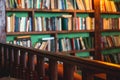 Old university college library interior with a bookshelves, books and bookcase, classic style school interior archive with wooden