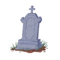 Old upright gravestone with Christian cross. Vintage tombstone of ancient grave. Cracked headstone of tomb. Hand-drawn