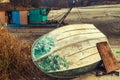 Old Upturned Boat Blue Lies on the Shore of the Dried Lake Royalty Free Stock Photo