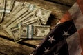 Old USA flag and dollars. Royalty Free Stock Photo