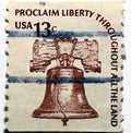 Old used American postage stamp printed in the USA from the Americana issue shows the liberty bell circa 1975