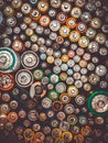 Old used batteries group. Top view background texture