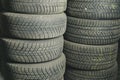 Old and used car tires. Background. Car tires in storage. Car tire recycling