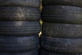 Old used car tires close-up. Used car tires background Royalty Free Stock Photo