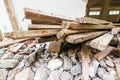 Old and Used Construction Wood in the New Building Construction Work Site Royalty Free Stock Photo