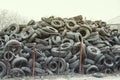 Old used damaged car tires at the dump