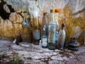 Old used glass bottles. Glass trash. Recycle glass waste.