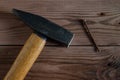 Old used hammer, wooden handle, metal head and rusty nail on wooden backdrop