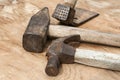 Old used hammers and adze