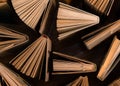 Old and used hardback books, text books seen from above on wooden floor. Books and reading are essential for self improvement, ga Royalty Free Stock Photo