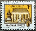 Old used Hungarian Magyar posta stamp 1979 features nyirbator NyÃÂ­rbÃÂ¡tor cityscape in Hungary