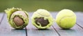 Old used and new tennis balls Royalty Free Stock Photo