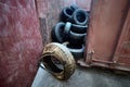 Old used obsolete car tires from trucks and passenger cars store