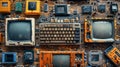 Old used and obsolete electronic equipment on wooden background top view. Planned obsolescence, electronic waste for Royalty Free Stock Photo