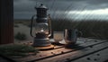 Old Used Oil Storm Lampe, Cup with Hot Drink on Wooden Veranda View of stormy Baltic sea and dunes, AI Generative