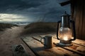 Old Used Oil Storm Lampe, Thermos Can and Cup with Hot Drink on Wooden Veranda View of stormy Baltic sea and dunes, AI Generative