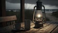 Old Used Oil Storm Lampe, Thermos Can and Cup with Hot Drink on Wooden Veranda View of stormy Baltic sea and dunes, AI Generative