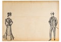 Old used paper sheet edges and vintage style engraving man woman