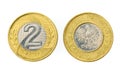Old used Polish two Zloty coin isolated on white background. Royalty Free Stock Photo