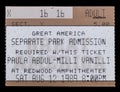 Old used ticket stub for Paula Abdul - Milli Vanilli concert at Redwood Amphitheatre