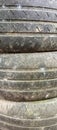 Old used tires stack at a mechanic shop Royalty Free Stock Photo
