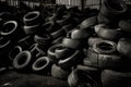 Old used tires stacked in a warehouse. Generative AI