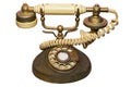 An old and used vintage ivory and golden colored home telephone, a collectible object to remember old times communication in