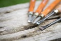 Old used wood chisels selection on the wooden Royalty Free Stock Photo