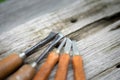 Old used wood chisels selection on the wooden Royalty Free Stock Photo