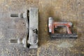 Old used wooden planer and red air nailer or nail gun carpenter Royalty Free Stock Photo
