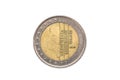 Old used and worn out 2 euro coin.