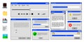 Old user interface windows. Retro user interface. Old browser interface. Error and installation windows, media player and file