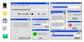 Old user interface windows. Retro user interface. Old browser interface. Error and installation windows, media player and file