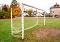 Old vacant football soccer goal gate in rural grass field. Royalty Free Stock Photo