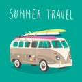 Old van with surfboard vector isolated. Summer travel. Retro car