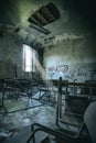 old and vandalised interior of a school classroom Royalty Free Stock Photo