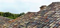 The old, variegated, colored tiles with moss growing on them placed symmetrically on the roof Royalty Free Stock Photo