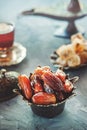 Old vase with dates and a Cup of tea. Beautiful still life for a Muslim holiday Royalty Free Stock Photo