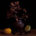An old vase with dry leaves. Black background. Still life Royalty Free Stock Photo
