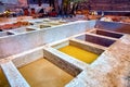 Old vats with a dye in the Marrakesh tannery. Morocco