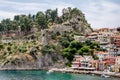 Old Venetian Castle of Parga Town in Western Greece. Rocky Hill with Ruins of the Midieval Citadel and Picturesque Bay Royalty Free Stock Photo