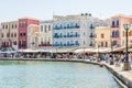 Old Venetian Harbour in Chania, Crete, Greece. Beautiful Bay with Multicolored Buildings, Hotels, Taverns and Cafe at the Seafront