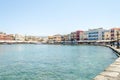 Beautiful Bay at the Old Venetian Harbour in Chania, Crete, Greece. Tourists and Locals Walking all Along the Coastline