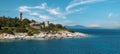 Old Venetian lighthouse in the Fiskardo port. Wonderful Sunny seascape of Ionian Sea, Kefalonia island. Greece Royalty Free Stock Photo