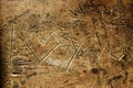 Old an very damaged plywood with draws and inscriptions probably was a school bench or work table with scratched I love you