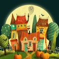 Old victorian house with cats, ghost, pumpkin, trees, moon and bat. Royalty Free Stock Photo