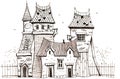 Old victorian house with cats and mouse. Hand drawn illustration. Royalty Free Stock Photo