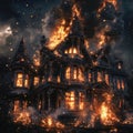 An old Victorian house caught in a blaze Royalty Free Stock Photo