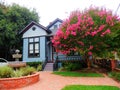 Old victorian house yard with brick pavement Myrtle tree Royalty Free Stock Photo