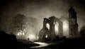 Old photo with creepy cemetery and abandoned church ruins. Mystic gloomy scene. 3D illustration